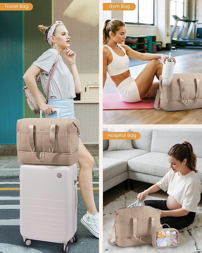 LOVEVOOK Travel Duffle Bag,Puffer Weekender Bags For Women with Shoe Compartment,42L Carry On Duffel Bags For Airplanes,Hospital Bag for Labor and Delivery,Overnight Bsg With Toiletry,2Pcs Set