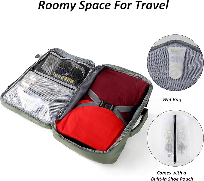 TANTOMI Travel Backpack for Women Men, 15.6 Inch Laptop Backpack Flight Approved, Small Carry-On Bags with USB Charging Port & Shoe Pouch, Casual Daypack on Airplane for Weekender Work Business, Green