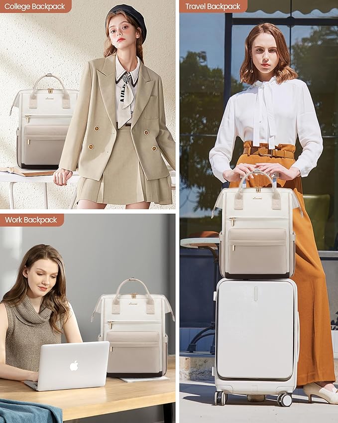 LOVEOVOOK 15.6 Inch Laptop Backpack for Women, Large Capacity Travel Backpack with USB Charging Port, Waterproof Work Backpack for Business, College, Nursing & Airline Travel,Nude White
