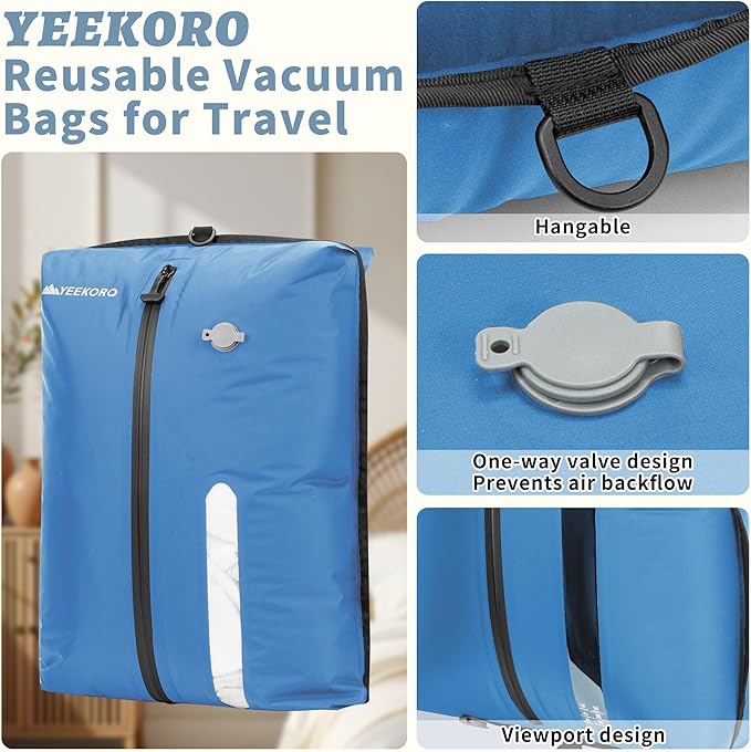 Vacuum Bag for Travel, Professional IPX8 Waterproof Reusable Vacuum Compression Bags for Travel Suitcases, Durable Space Saver Bag(3 PACK,With Pump)