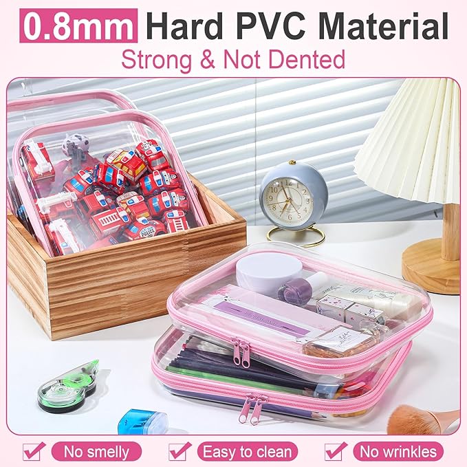 Sanwuta 6 Pcs Clear Hard Zipper Case Plastic Zipper Pouches Transparent Makeup Bag Pencil Case Pouches Toiletry Diaper Bag for Travel Toy Storage Organizer Bins(Pink,9.84 x 7.87 x 2 Inch)