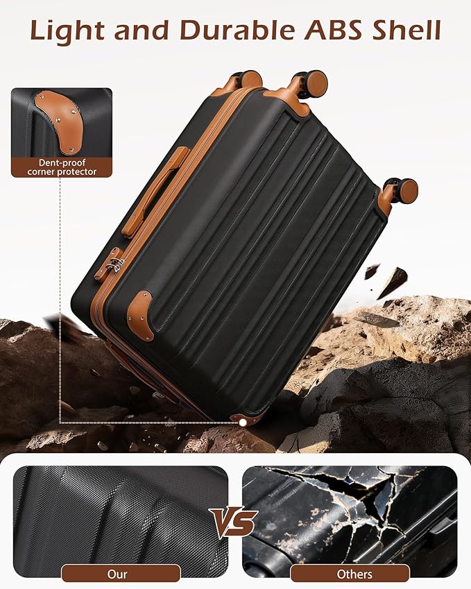 Coolife Luggage, Suitcase with Durable and Lightweight, Checked Luggage with ABS Hardshell, Dual Spinner Wheels, TSA Lock, and YKK Zipper (apricot black, M(24in))