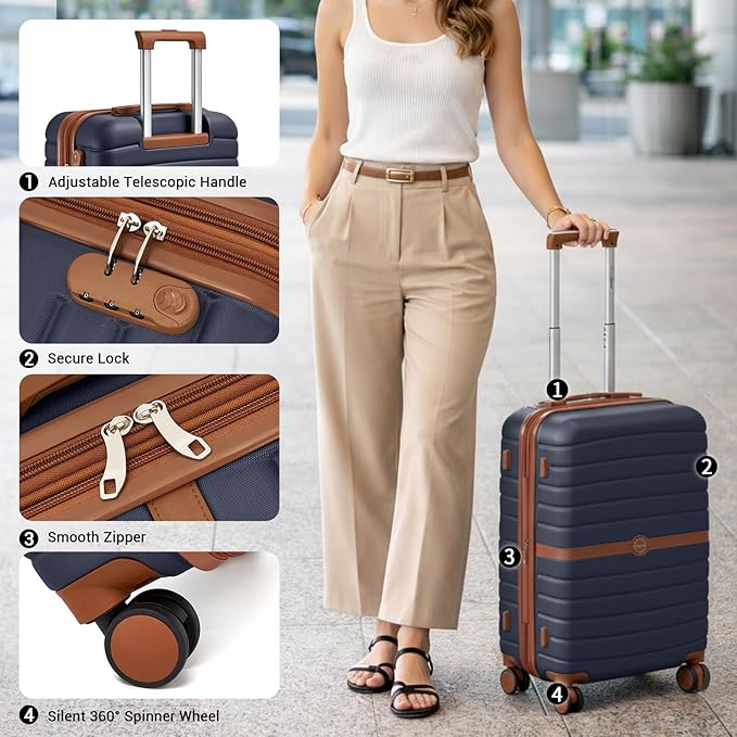 Kono Expandable 28 Inch Luggage with Spinner Wheels, Large Checked Luggage with Lock, Lightweight & Anti-Scratch PC+ABS Hardshell Travel Suitcase, Navy/Brown
