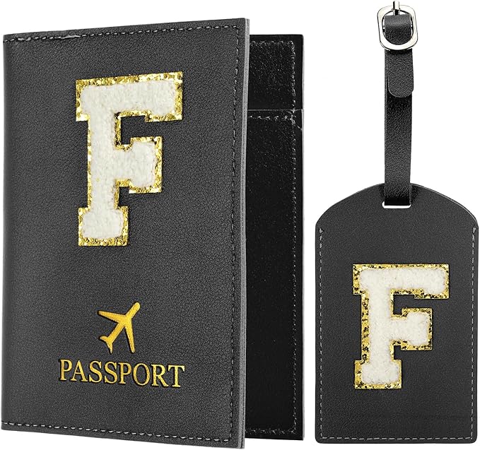 PATIKIL Passport Holder for Travel, Initial Passport Cover and Luggage Tag Set with Alphabet Chenille Letter Patch Travel Wallet Bag Suitcase Identifier for Women Family Travel Black F
