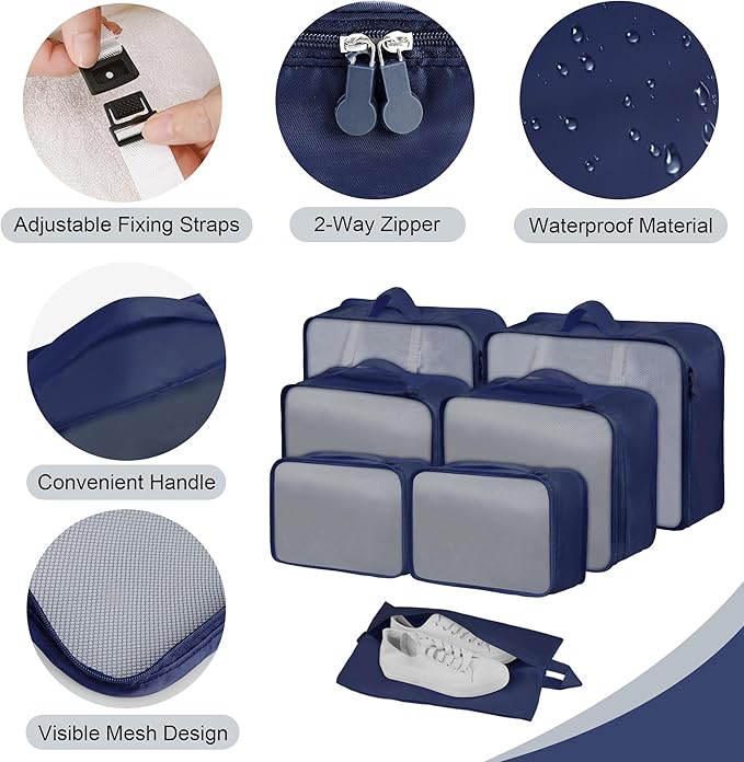 Packing Cubes, 7 Pcs Travel Packing Organizers for Suitcases, Large Capacity Travel Luggage Organizer Set includes 7 Storage Bags, Travel Essentials for Women or Men (Navy)