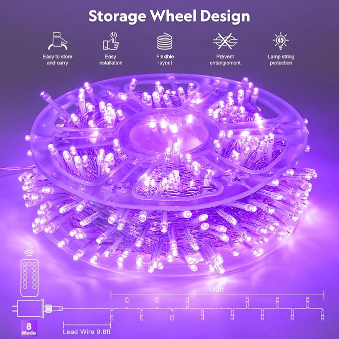 JMEXSUSS 400 LED Purple Halloween Lights Outdoor, Purple String Lights | 132 Ft Purple Christmas Tree Lights Indoor for Garden Patio Party Bedroom Christmas Decor, Plug in with Remote, 8 Modes