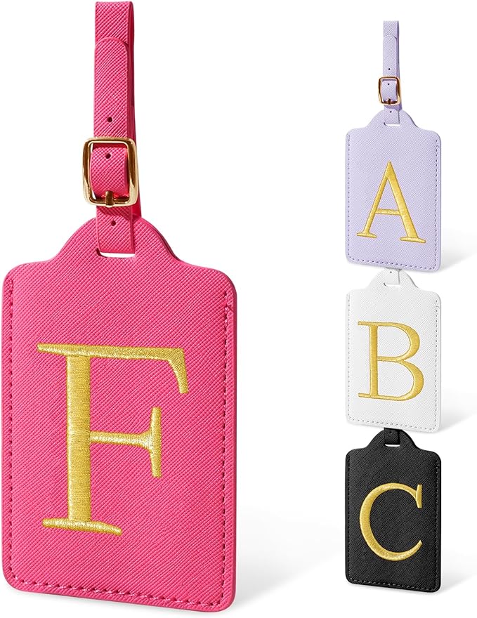 Initial Letter Luggage Tags for Suitcases, Embroidered Monogrammed Suitcase Luggage Identifier Name Tag, PU Leather TSA Approved Luggage Tags, Bag Tags for Men Women Kids Luggage Handbags(Rosered F)