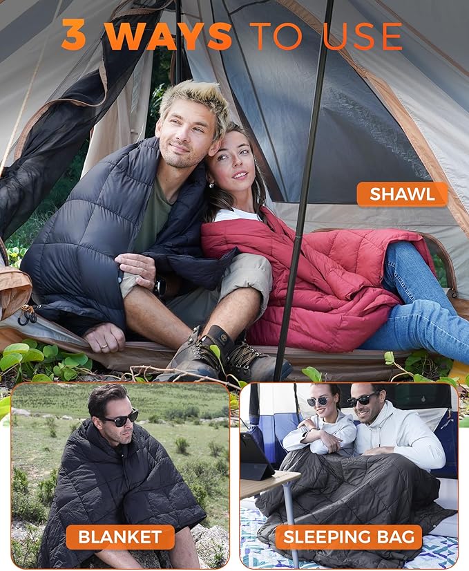 KingCamp Ultralight Camping Blanket, Packable Down Alternative Puffy Wearable Blankets Weatherproof Warm Package Quilt with Snap Buttons for Outdoor Hiking Travel Picnic Stadium (78.7" x 56.7", BLACK)