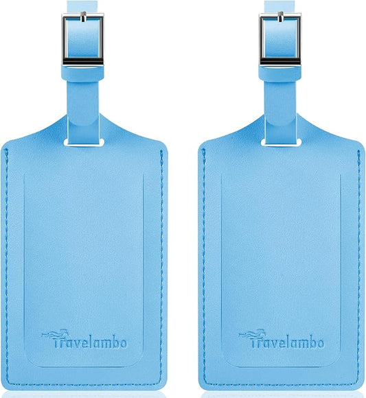Travelambo Luggage Tags for Suitcases Faux Leather Privacy Protection 2 Pack Bag Tags Travel Accessories Essential, Light Blue