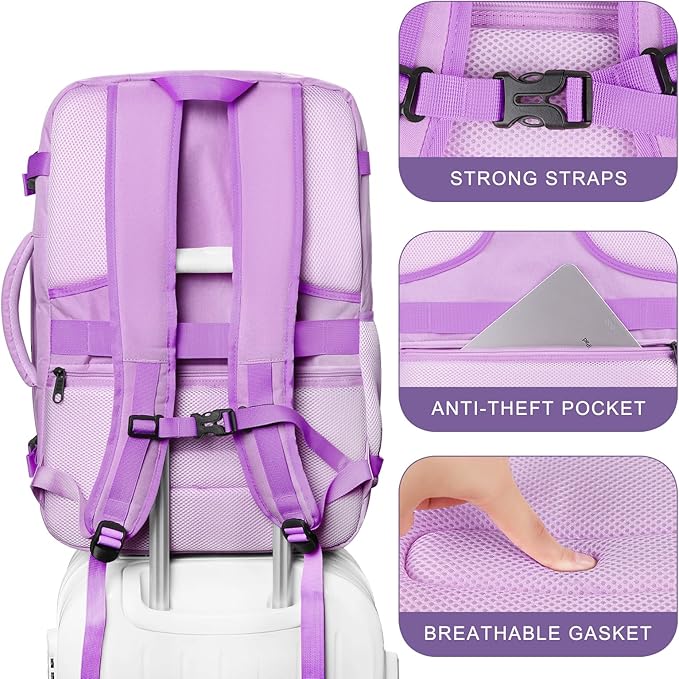 Large Travel Backpack, Laptop Backpack for women, Expandable 52L Carry On Backpack, TSA Water Resistant Weekender 18.4 Inch Laptop Backpack, Anti Theft Business Computer Bag with USB Port, Purple