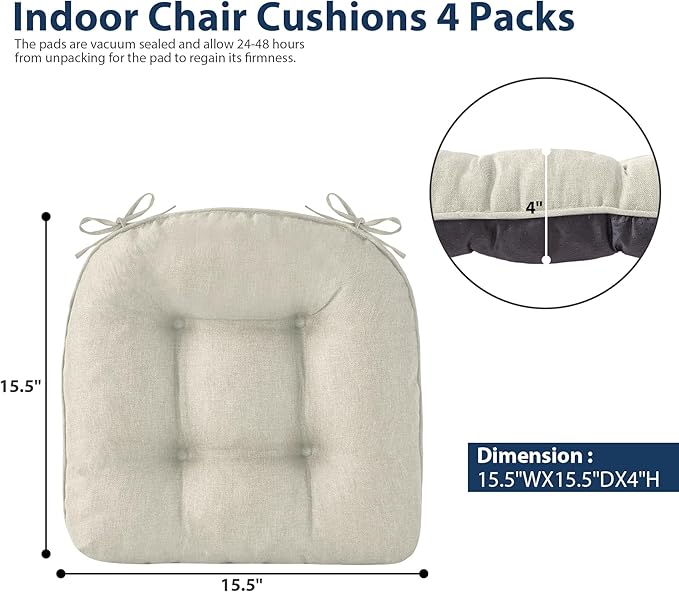 Chair Cushions for Dining Chairs, Seat Cushions for Kitchen Chairs, Indoor Seat Cushions with Ties, Tufted Foam Chair Pads, Non Slip Chair Cushions Set of 6, 15.5" x 15.5" x 4", Beige