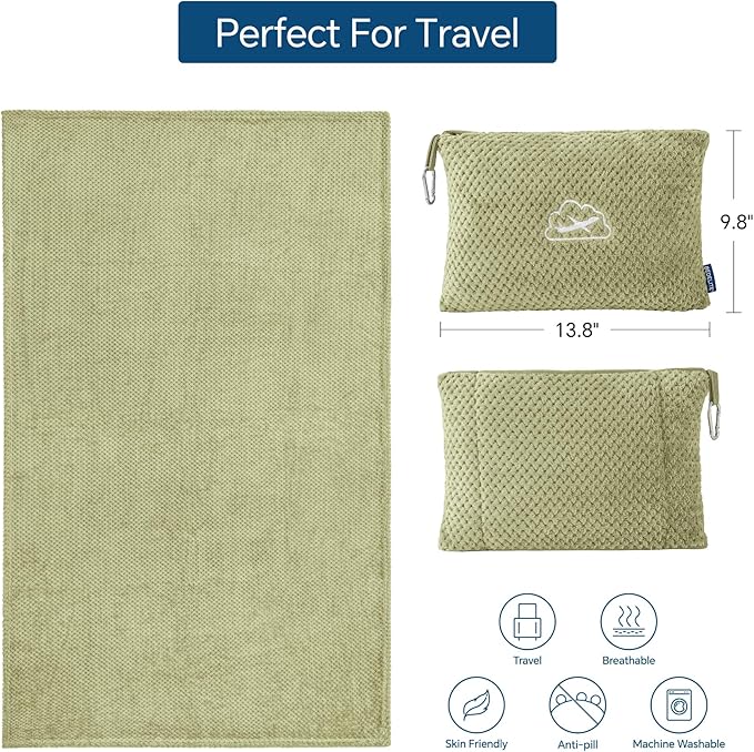BEDELITE Travel Blanket with Bag, Ultra-Soft Jacquard Fleece Blanket with Luggage Sleeve & Backpack Clip, Airplane Blanket Travel Essentials, Sage Green