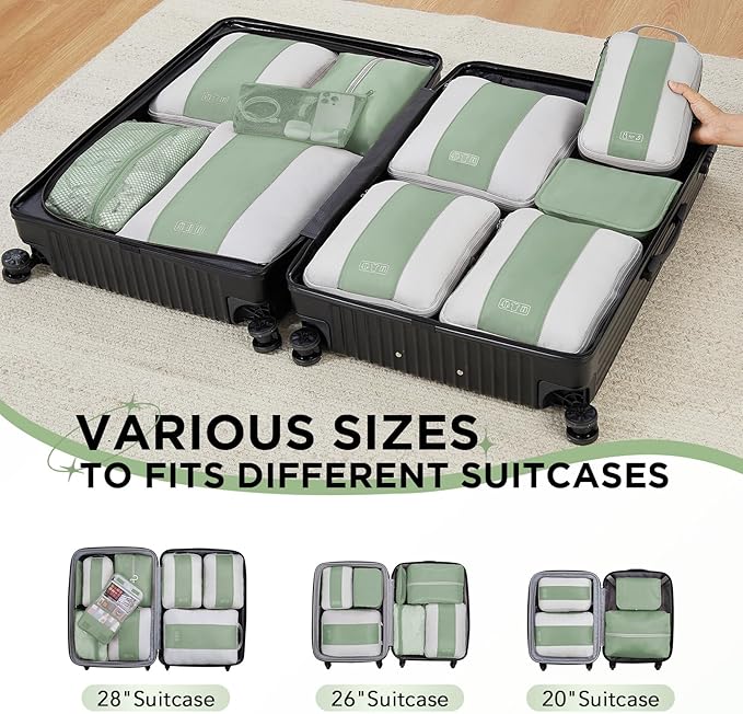 10 Set Compression Packing Cubes for Travel Essentials,Compressible Expandable Packing Cubes for Suitcase,OlarHike Luggage Organizer Bags for Travel,Handy Helper for Organizing Clothes(Matcha Green)