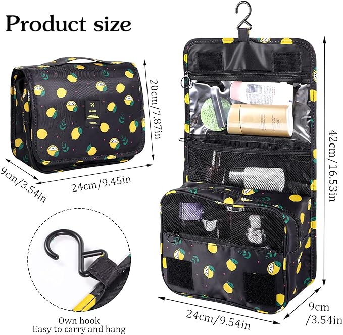 Pengxiaomei Hanging Toiletry Bag, Black Waterproof Cosmetic Bag Portable Lemon Makeup Pouch Travel Wash Bag with Handle for Kids Teen Girls Birthday Mothers Day Gifts