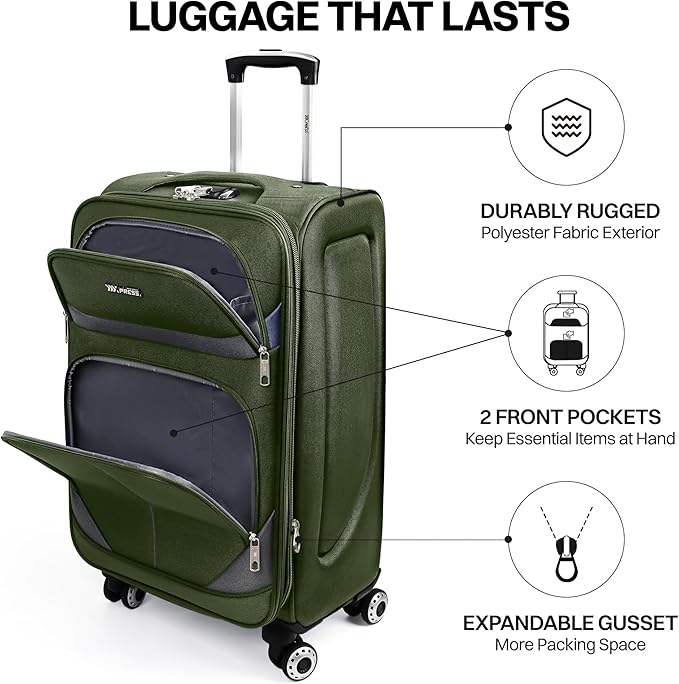 2-Piece Set Front Opening,Softside Luggage Sets w/Double Spinner Wheels Expandable Luggage,Lightweight Travel Luggage Rolling Suitcase w/LOCK（Green-Grey,20in/28in）