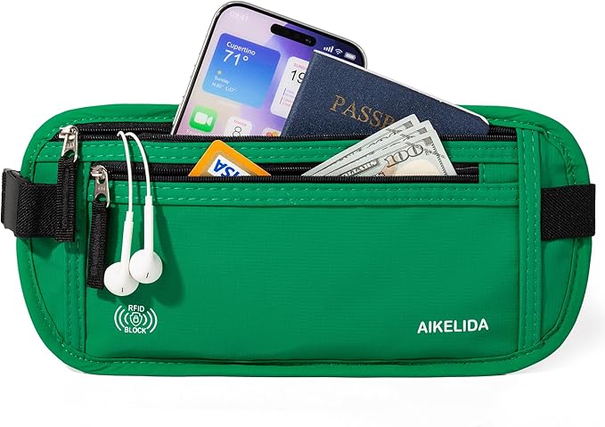 Money Belt - Slim Passport Holder RFID Blocking Travel Wallet Undercover Fanny Packs for Men Women - Green