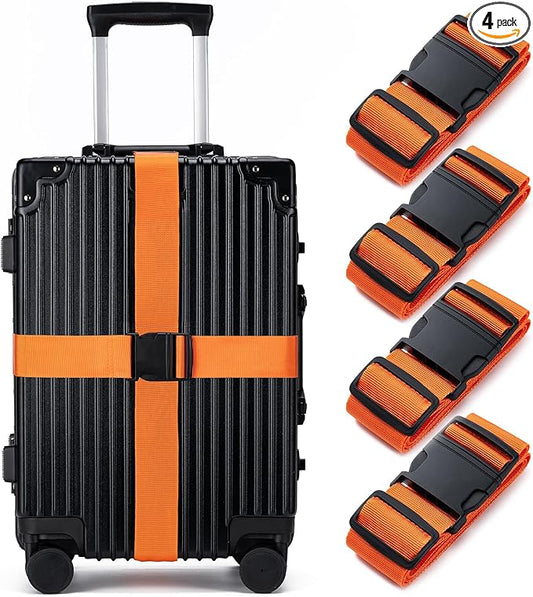 Luggage Straps for Suitcases 4 Pack, TSA Approved Travel Essentials, Luggage Strap for Travel Suitcase & Bag Closure and for Easy Identification, Travel Accessories for Safety & Convenience (Orange)