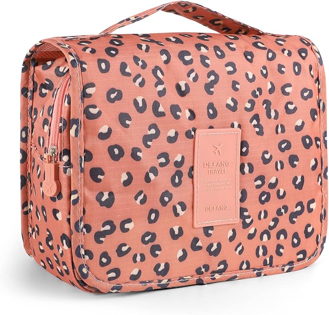 Pengxiaomei Hanging Toiletry Bag, Leopard Orange Waterproof Cosmetic Bag Portable Makeup Pouch Travel Wash Bag with Handle for Women Teen Girls Birthday Mothers Day Gifts