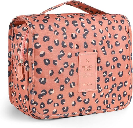 Pengxiaomei Hanging Toiletry Bag, Leopard Orange Waterproof Cosmetic Bag Portable Makeup Pouch Travel Wash Bag with Handle for Women Teen Girls Birthday Mothers Day Gifts