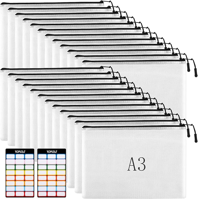24pcs Mesh Zipper Pouches, A3 Size 17 x 12 inches Waterproof Black Zipper Bags, Water-Resistant Plastic Zipper Pouch for School Office Supplies, Puzzles & Games Organizing Storage