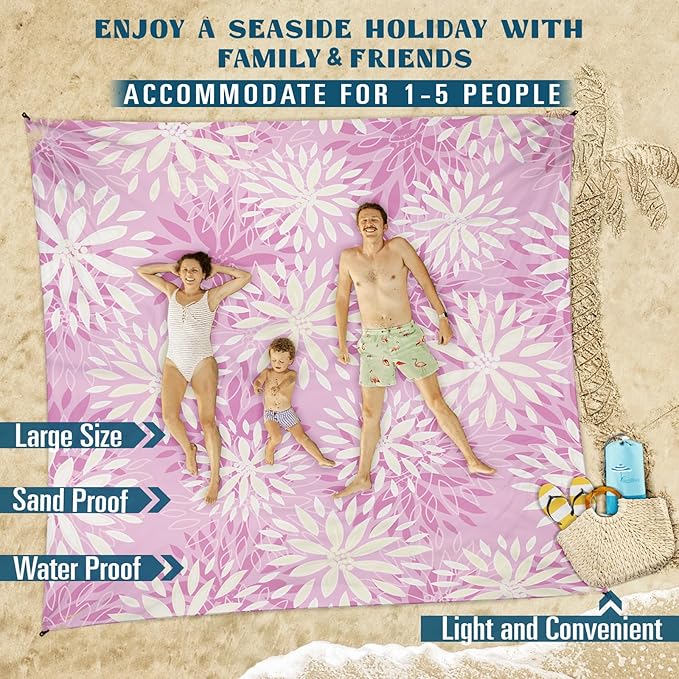 Famstar Beach Blanket Sandproof Waterproof 78''×81''1-5 Adults Oversized,Compact Lightweight Durable Beach Mat for Travel Camping Hiking Picnic Blanket