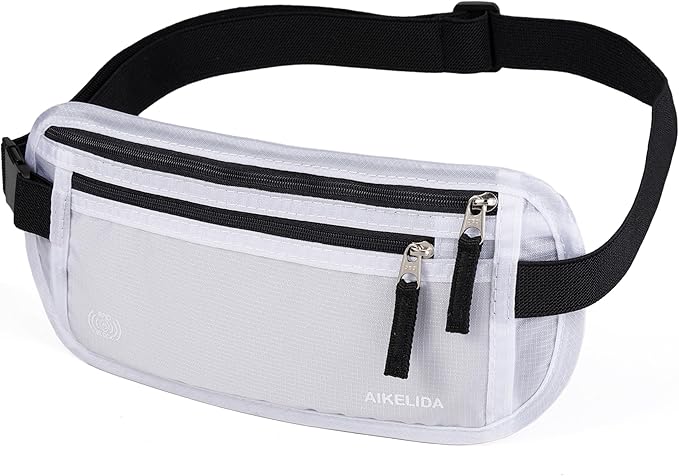 RFID Blocking Money Belt - Passport Holder & Travel Wallet, Slim Hidden Fanny Packs for Women Men - White