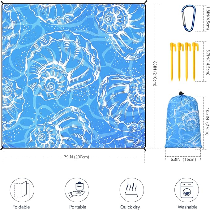 HIHOHO Beach Blanket Waterproof Sandproof Beach Mat 79”x 83” for 1-8 Adults Quick Drying Durable Outdoor Picnic Mat for Beach Festival Travel Camping Hiking (Conch Shell-BL, 79"×83"(4 Person))