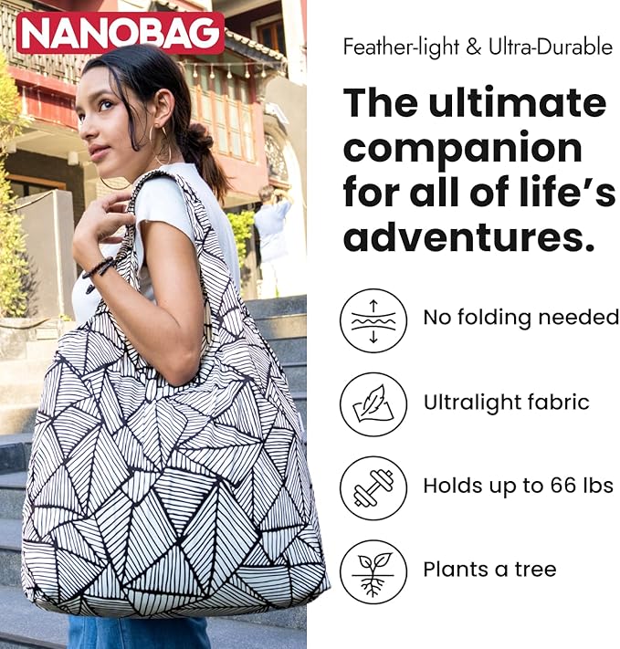Nanobag Ultralight Heavy Duty Foldable Tote for Women & Men, Reusable Grocery & Travel Bag, Packable Collapsible Compact Market Essential (XL Splash)