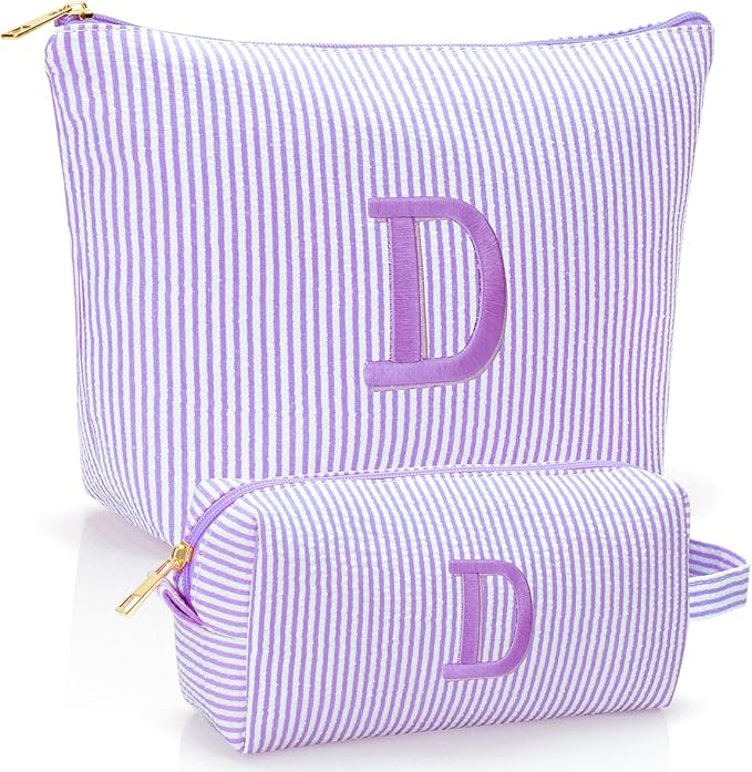 Personalized Initial Makeup Bag,Toiletry Travel Cosmetic Bag,Trendy Stuff for Teen Girls and Women,Holiday & Birthday Gift,2 Pack (D, Purple)