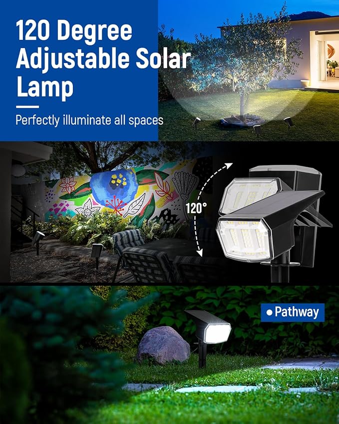 Solar Spot Lights Outdoor Waterproof, 4 Packs, Cool White | 63 LED, 3 Lighting Modes, Solar Landscape Lights for Yard, Garden, House, Garage, Pathway, Tree, Backyard