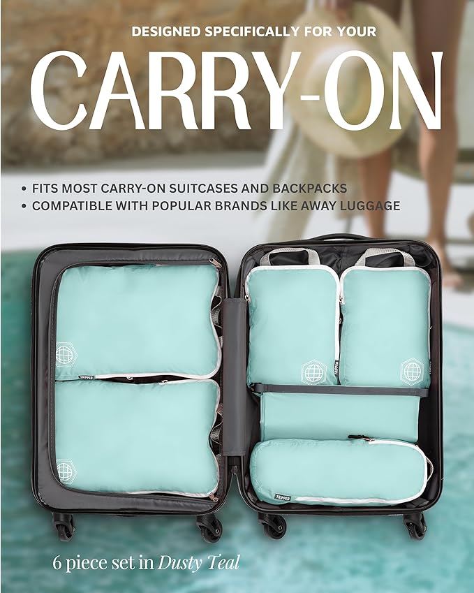 Compression Packing Cubes 6 Piece Set for Carryon Suitcases- Lightweight, Durable Clothes Organizer (Dusty Teal and White)