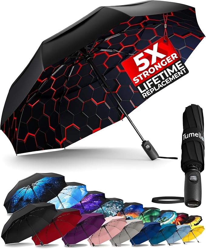 TUMELLA Strongest Windproof Travel Umbrella (Compact, Superior & Beautiful), Small, Wind-Tested, Light & Portable, Automatic Folding Rain Umbrella, Durable Premium Grip, Fits Car and Backpack