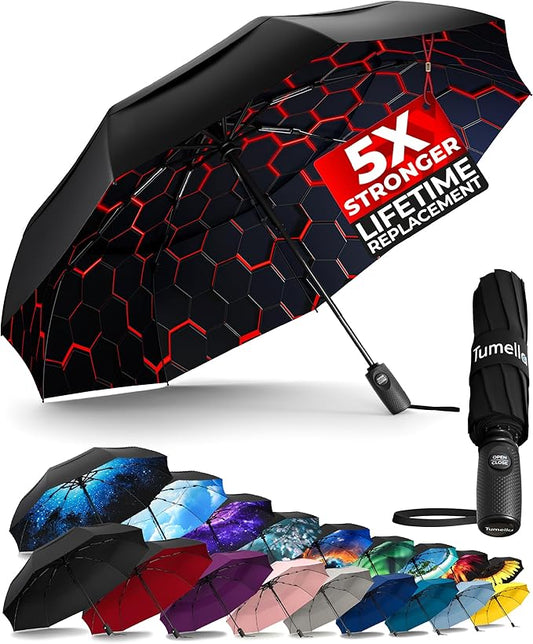 TUMELLA Strongest Windproof Travel Umbrella (Compact, Superior & Beautiful), Small, Wind-Tested, Light & Portable, Automatic Folding Rain Umbrella, Durable Premium Grip, Fits Car and Backpack