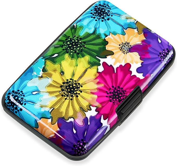 Mayski Credit Card Holder, RFID Blocking, Aluminum Alloy Hard Case, Small Mini Business Metal Wallet for Women Men, Colorful Flowers