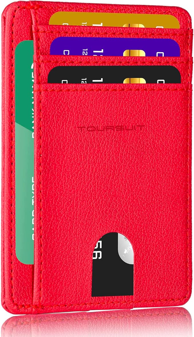 TOURSUIT Travel Minimalist Slim Front Pocket Wallet for Men Women, RFID Blocking Credit Card Holder Case (Red)