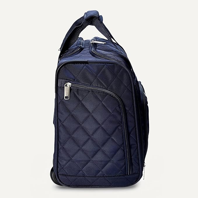 Amazon Basics Underseat Carry-On Luggage with Wheels, 14" Rolling Travel Bag, Fits Under the Seat with Multiple Pockets and Compartments, Navy Quilted