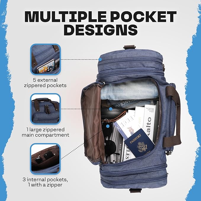 Duffle Bag for Travel 20–23” Expandable (40L) – Lightweight Water-Resistant Carry On Weekender with Multiple Pockets & Shoulder Strap – Airline Approved Travel Duffel Bags for Men & Women - BLUE