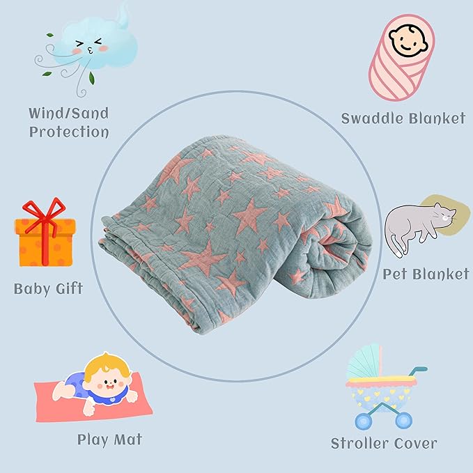 NTBAY 3 Layer Toddler Blanket, Muslin Cotton Jacquard Bed Blankets, Lightweight Thermal Baby Blanket, Super Soft and Warm Crib Blanket for All Seasons, Decoration Gift, 30"x40", Red and Blue Star
