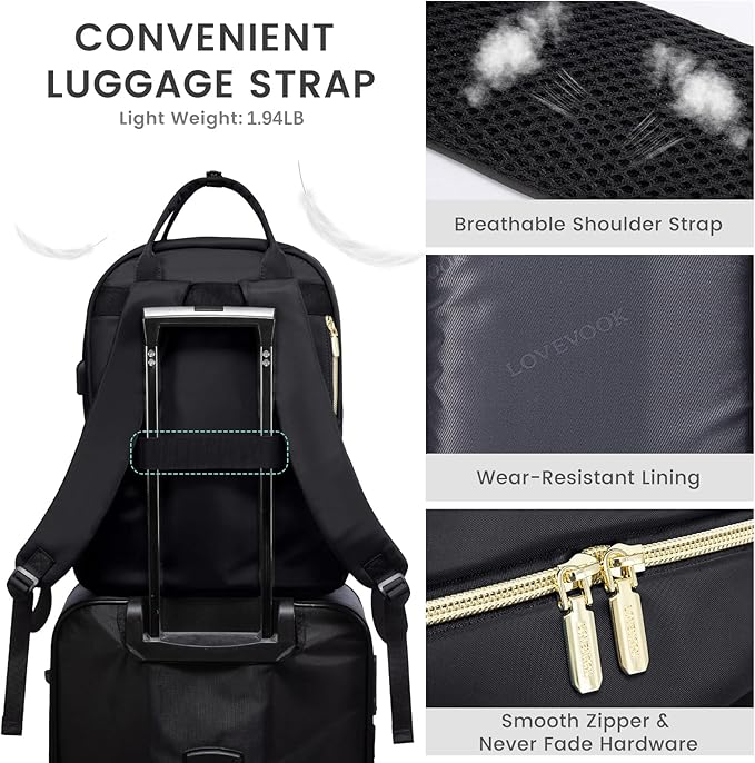 LOVEVOOK Laptop Backpack Women Teacher Backpack,17.3 Inch Laptop Bag with USB Port,Waterproof Daypack for Work Travel,Black