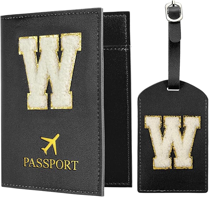 PATIKIL Passport Holder for Travel, Initial Passport Cover and Luggage Tag Set with Alphabet Chenille Letter Patch Travel Wallet Bag Suitcase Identifier for Women Family Travel Black W