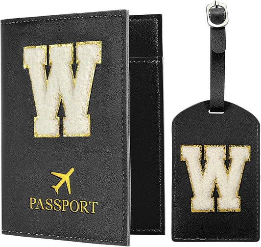 PATIKIL Passport Holder for Travel, Initial Passport Cover and Luggage Tag Set with Alphabet Chenille Letter Patch Travel Wallet Bag Suitcase Identifier for Women Family Travel Black W