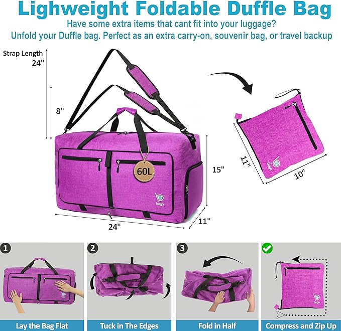 Bago Medium Duffle Bag for Travel Women & Men. Durable Lightweight Foldable Travel Duffel Bags For Traveling Women. 60L Duffle Bags For Overnight Bag With Shoe Compartment Collapsible Weekender duffel