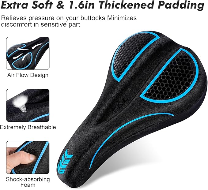 Bike Seat Cushion Gel Padded Bike Seat Cover Extra Soft Comfy for Men Women Comfort,with Peloton Stationary, Exercise, Mountain Bikes, Road & Electric