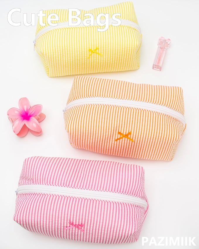 PAZIMIIK Cozy Makeup Bag Small Aesthetic Travel Zipper Cosmetic Pouch for Women Make Up Beauty Accessories Brushes, Stripe Hotpink