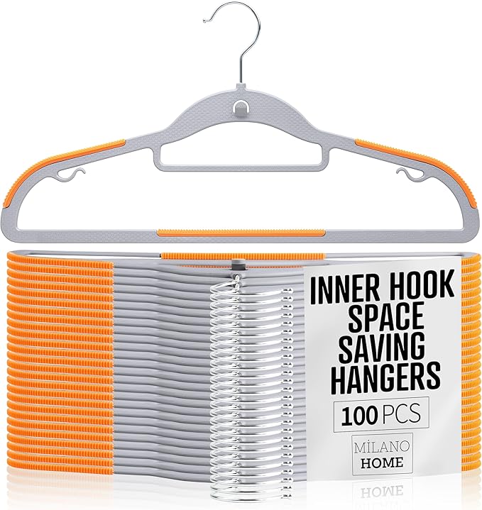 Plastic Hangers 100 Pack, Cascading Slim Space Saving Clothing Hangers with 360° Rotating Hook, Non Slip Clothes Hangers for Sweater Shirt, Heavy Duty Coat Hanger with Inner Hook for Closet, Grey