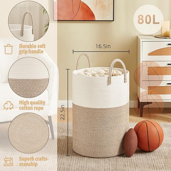Laundry Basket,Woven Cotton Rope Laundry Hamper,80L for Decorative Storage of Dirty Clothes,Toys and Blankets in Bathroom,Baby Room and Living Room