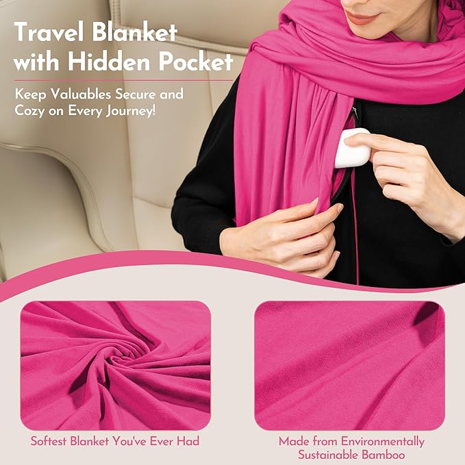 16-in-1 Compact Travel Blanket with Bag – Reversible, Ultra Soft Bamboo Airplane Blanket with Hidden Pocket – Packable for Flights & Travel Essentials (Semi-Weighted, Double Layer)
