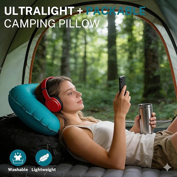 Camping Pillow-Compressible, Ultralight Inflatable,Compact, Comfortable, Ergonomic Inflating Pillows for Neck & Lumbar Support While Camp, Hiking(Grain Blue,with Anti Slip Straps)
