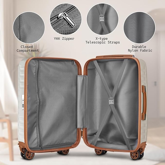 Melalenia Luggage Sets 3 Piece, Hard Shell Carry on Suitcase with Spinner Wheels and TSA Lock, Travel Lightweight Luggage Set for Women, Beige Brown