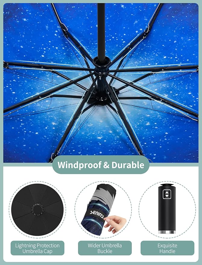 Seniny Inverted Travel Umbrella Compact - Windproof Umbrellas for Rain with Reflective Strip, Large UV Umbrella for Sun Protection, Automatic Portable Umbrellas Fold in Reverse for Car, Backpack